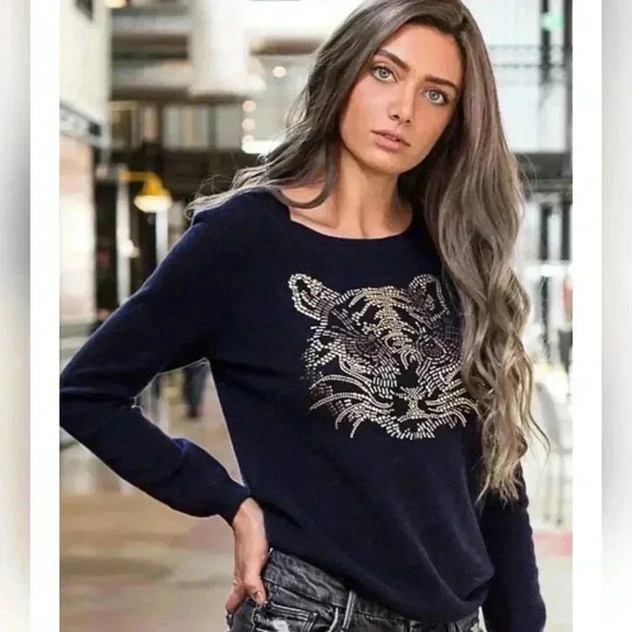 NEVER A WALLFLOWER Navy El Tigre Jewel Neck Cashmere Sweater Size M - Picture 3 of 5